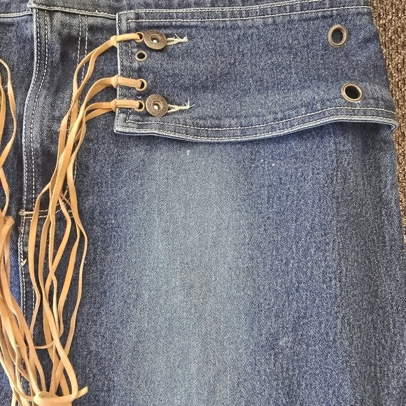 Jukebox Denim Fringe Maxi Skirt Women Sz 16 Blue Flare Back Slit Waist Belt - Picture 7 of 13